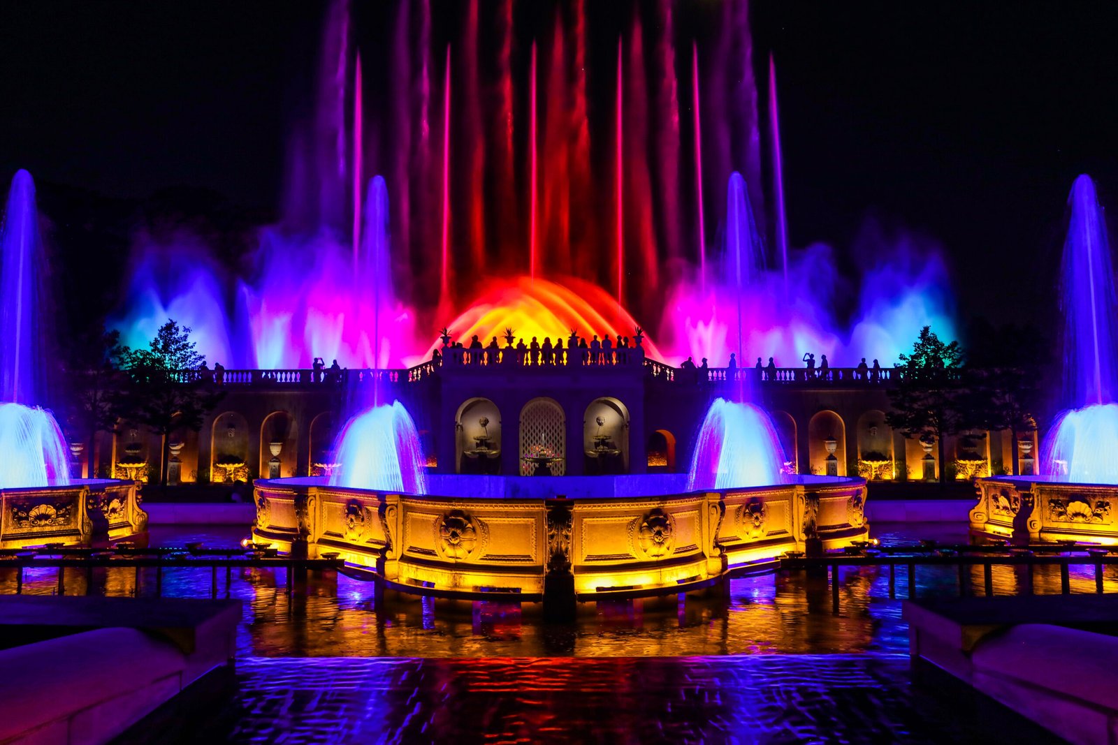 Musical fountain with colored lights
